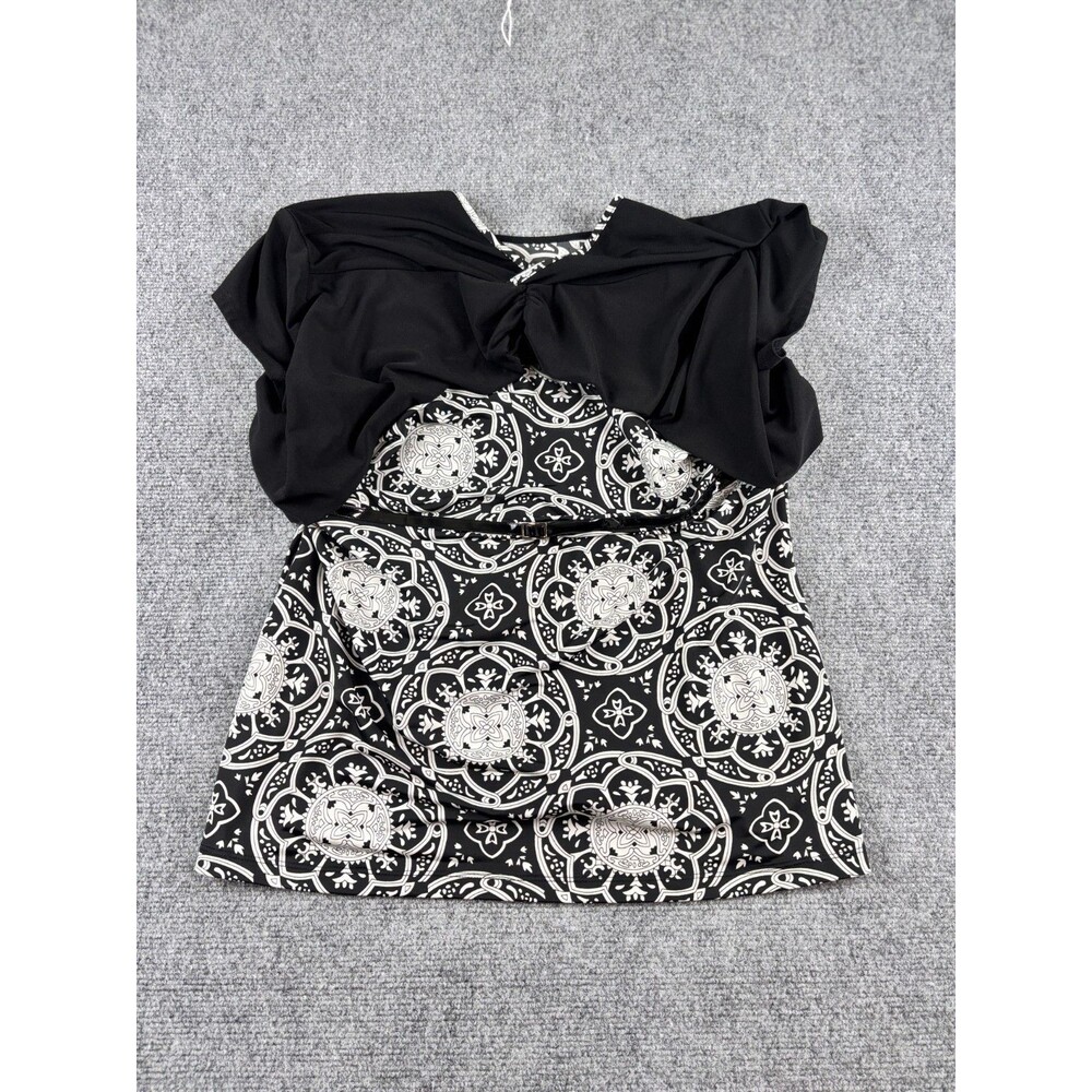 Studio 1940 XL Medallion Print Tunic Top Black White Belted Plus Size